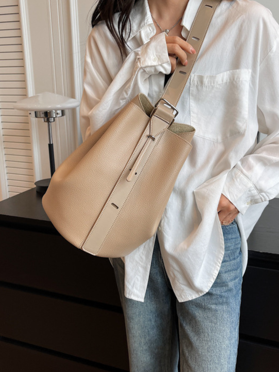 Nathalie™ | Elegant Sort Læder Bucket Taske